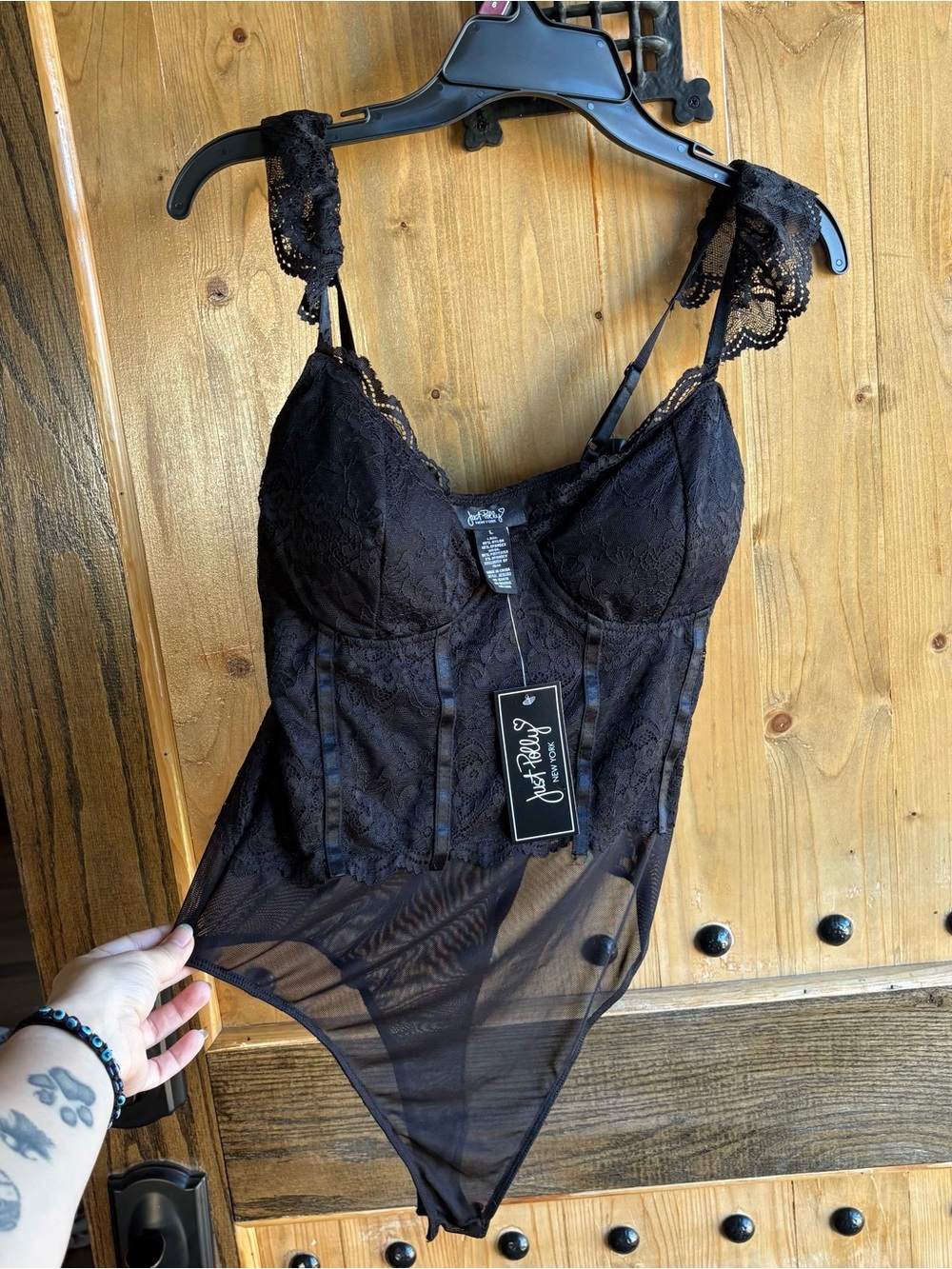 NWT Just Polly black lace bodysuit lingerie SZ L
